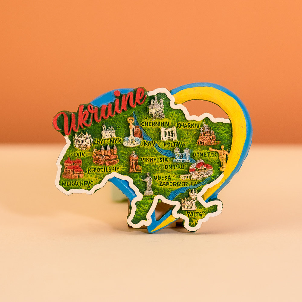 Магніт Карта України в серці жовто-синій 105*75 мм