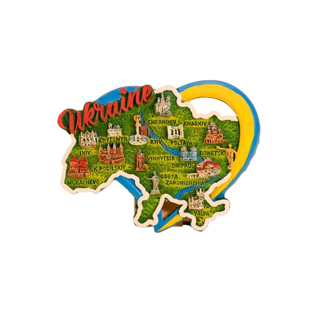 Магніт Карта України в серці жовто-синій 105*75 мм